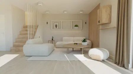 Wnętrze salonu w stylu japandi, minimalistycznym i nowoczesnym z jasnymi meblami.