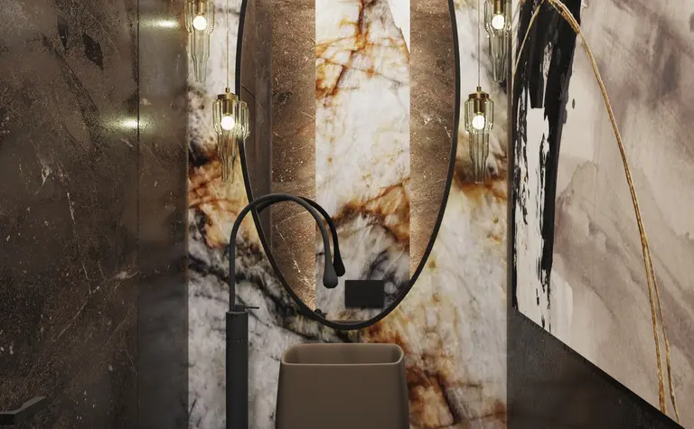 Nowoczesna łazienka z minimalistycznym designem, w stylu quiet luxury.