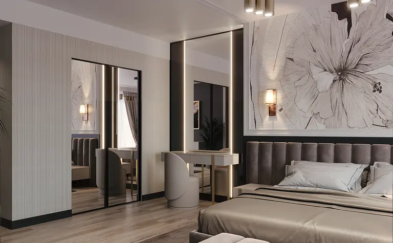 Wnętrze sypialni w stylu art deco z elementami glamour i soft minimalizmem.