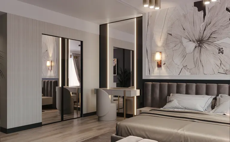 Wnętrze sypialni w stylu art deco z elementami glamour i soft minimalizmem.
