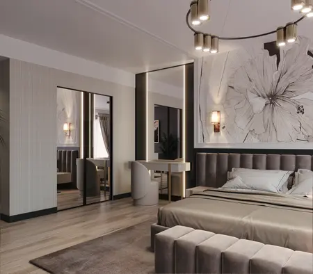 Wnętrze sypialni w stylu art deco z elementami glamour i soft minimalizmem.