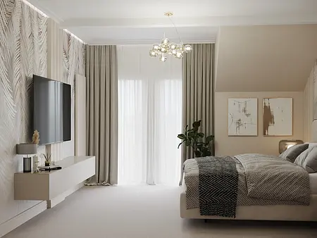 Wnętrze sypialni z minimalistycznym designem, nowoczesne meble, jasne kolory.