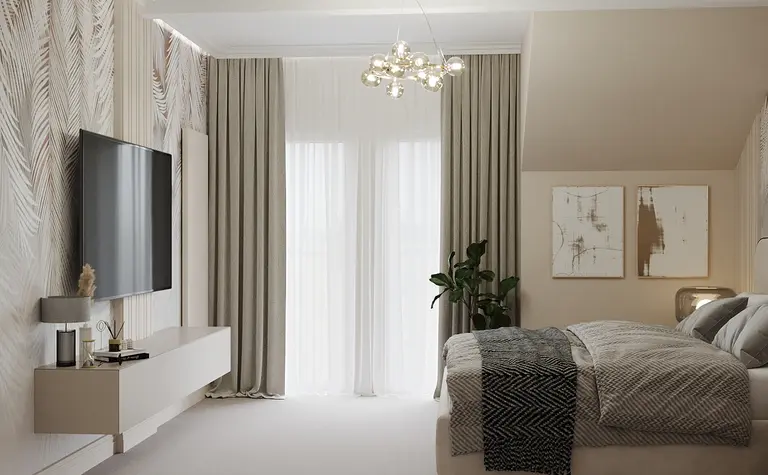 Wnętrze sypialni z minimalistycznym designem, nowoczesne meble, jasne kolory.