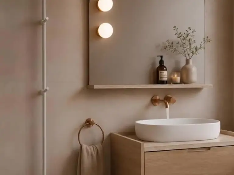 Wnętrze łazienki w stylu japandi z białą umywalką i drewnianymi detalami.