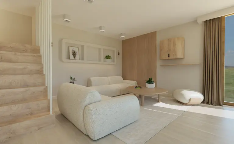 Wnętrze salonu w stylu japandi, minimalistycznym z drewnianymi akcentami.