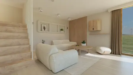 Wnętrze salonu w stylu japandi, minimalistycznym z drewnianymi akcentami.