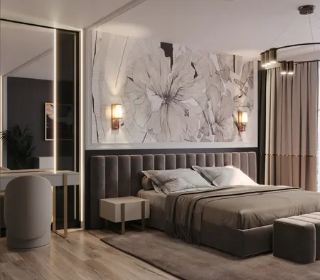 Wnętrze sypialni w stylu art deco i glamour z szarym łóżkiem oraz dekoracyjnymi roślinami.
