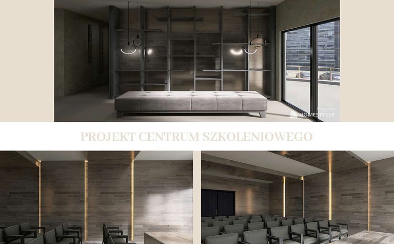 Nowoczesne wnętrze centrum szkoleniowego w stylu japandi i minimalistycznym z szarym wyposażeniem.