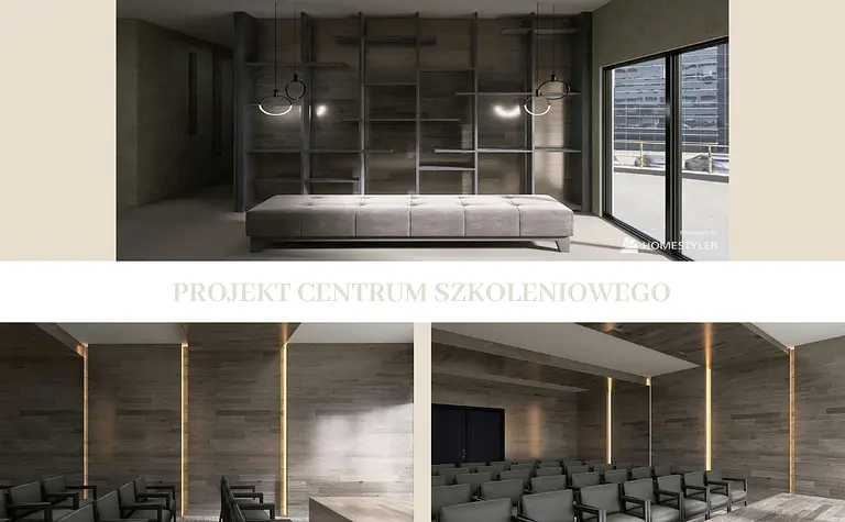 Nowoczesne wnętrze centrum szkoleniowego w stylu japandi i minimalistycznym z szarym wyposażeniem.