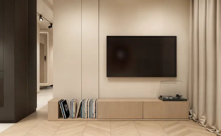 Wnętrze z nowoczesnymi i japandi meblami, drewnianą podłogą, telewizorem i zasłonami.