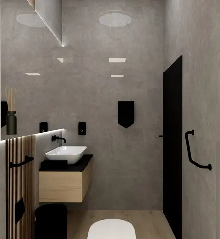 Nowoczesna łazienka w stylach boho, skandynawskim i modern z szarymi płytkami.