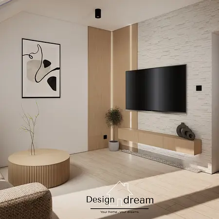 Wnętrze salonu w stylu japandi i skandynawskim z drewnianymi elementami.