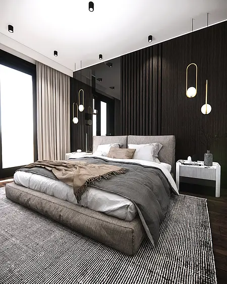 Sypialnia w stylu minimalistycznym i nowoczesnym z szarym łóżkiem i drewnianymi detalami.