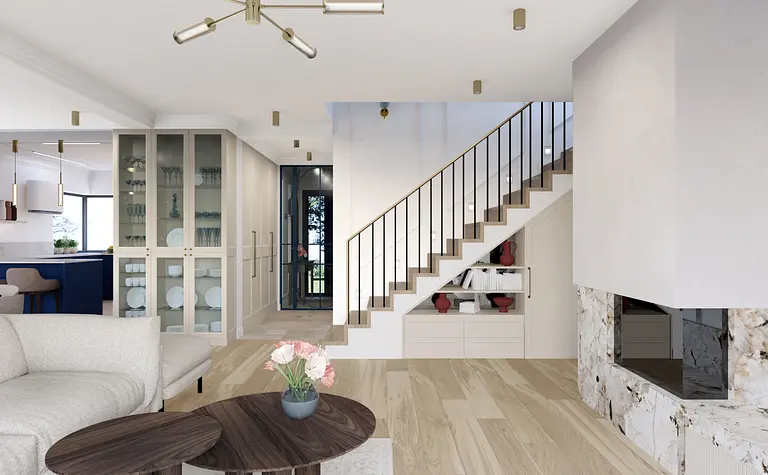 Nowoczesny salon z jasnymi meblami i drewnianą podłogą, eleganckie oświetlenie.