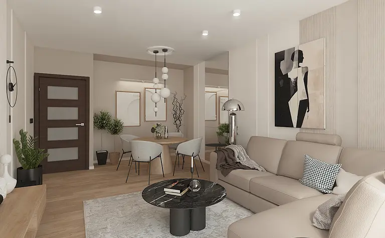 Wnętrze salonu w stylu minimaluxe z jasnymi meblami i czarnymi detalami.