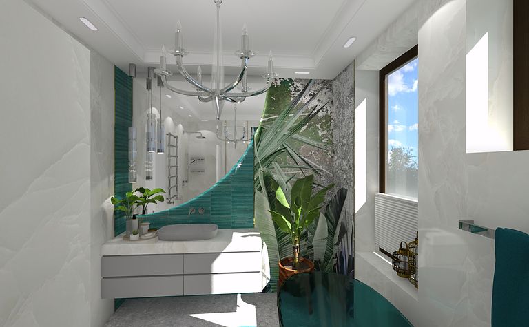 Wnętrze łazienki z zieloną umywalką i roślinami, styl boho.