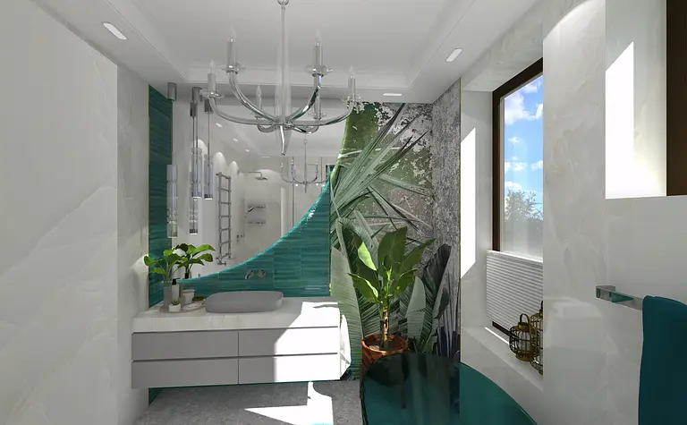 Wnętrze łazienki z zieloną umywalką i roślinami, styl boho.