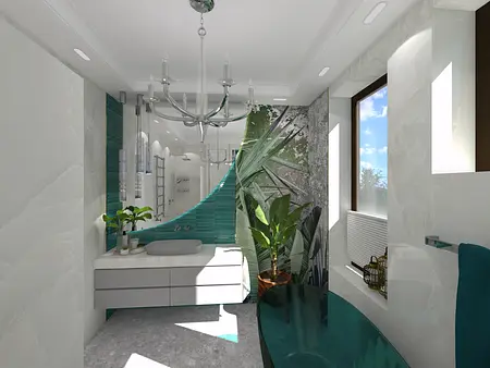 Wnętrze łazienki z zieloną umywalką i roślinami, styl boho.