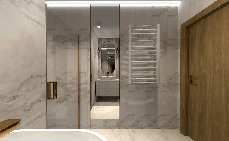 Współczesna łazienka z białymi kafelkami i drewnianymi elementami.