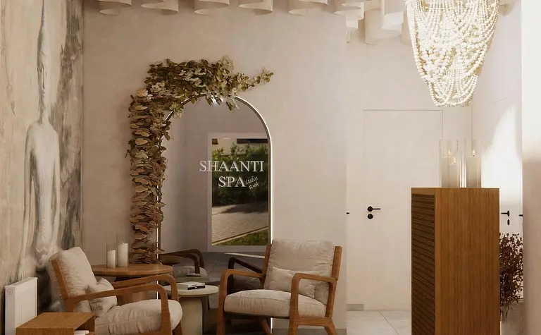 Wnętrze recepcji SPA w stylu boho, japandi i skandynawskim z drewnianymi akcentami.