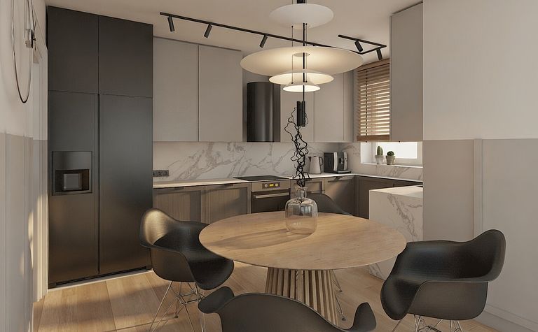 Kuchnia w stylu minimalistycznym z szarymi meblami i marmurowym blatem