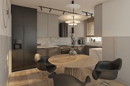 Kuchnia w stylu minimalistycznym z szarymi meblami i marmurowym blatem