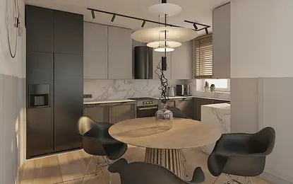 Kuchnia w stylu minimalistycznym z szarymi meblami i marmurowym blatem