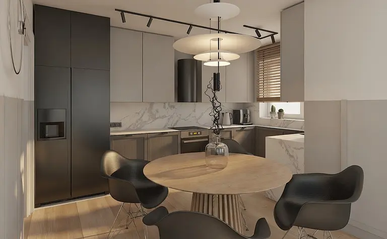 Kuchnia w stylu minimalistycznym z szarymi meblami i marmurowym blatem