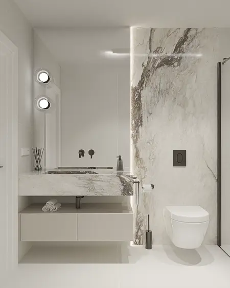 Nowoczesna łazienka z marmurową ścianą i minimalistycznym wystrojem.
