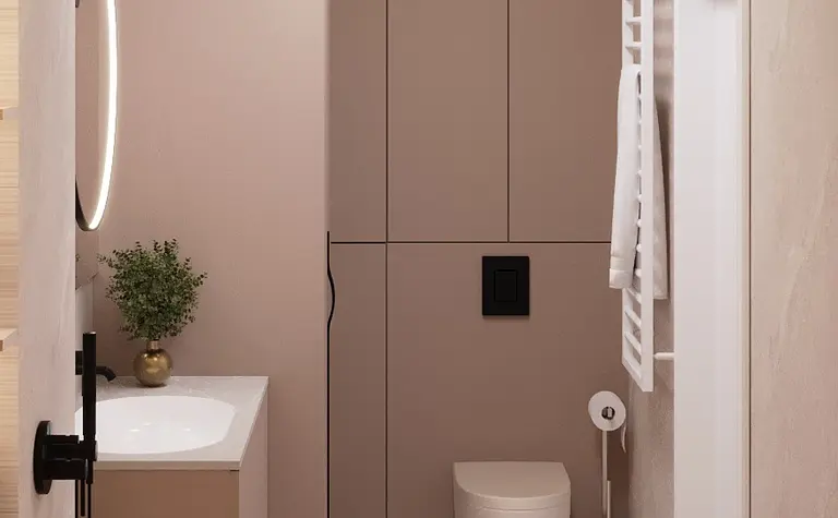 Nowoczesna łazienka w stylu eklektycznym, minimalistycznym, z beżowym wnętrzem.