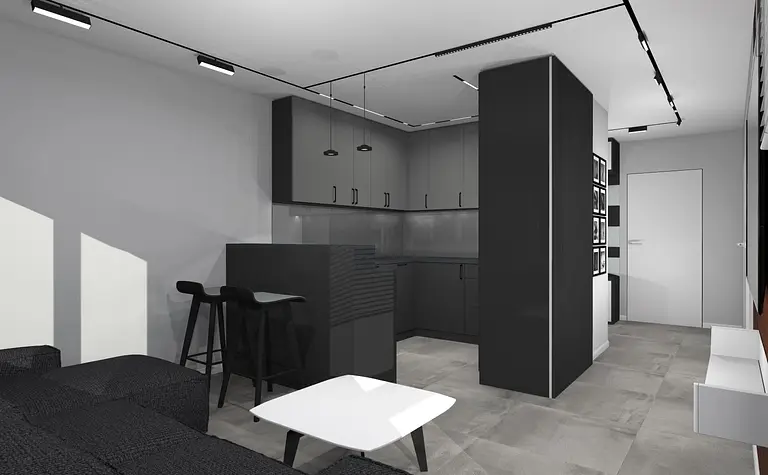 Wnętrze kuchni w stylu minimalistycznym z szarymi meblami i czarnymi akcentami.