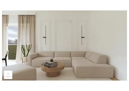 Wnętrze salonu z beżową sofą, oknem i rośliną, minimalistyczny i nowoczesny design.
