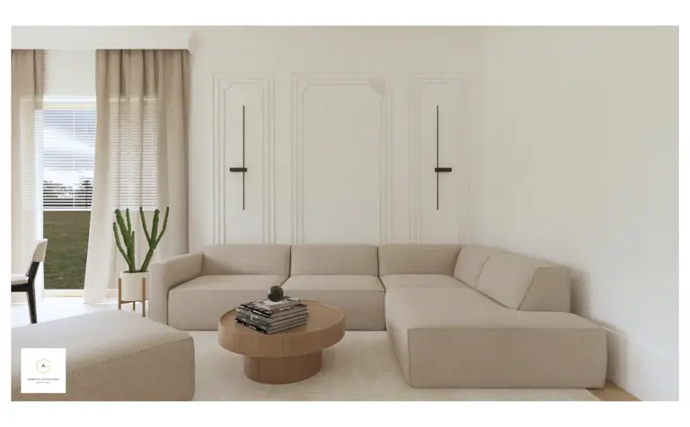Wnętrze salonu z beżową sofą, oknem i rośliną, minimalistyczny i nowoczesny design.