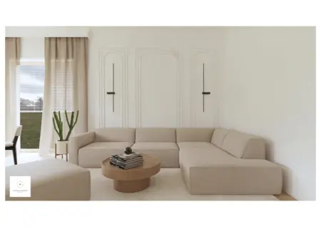 Wnętrze salonu z beżową sofą, oknem i rośliną, minimalistyczny i nowoczesny design.