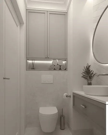 Nowoczesna łazienka w stylu quiet luxury z szarymi meblami i eleganckimi akcesoriami.