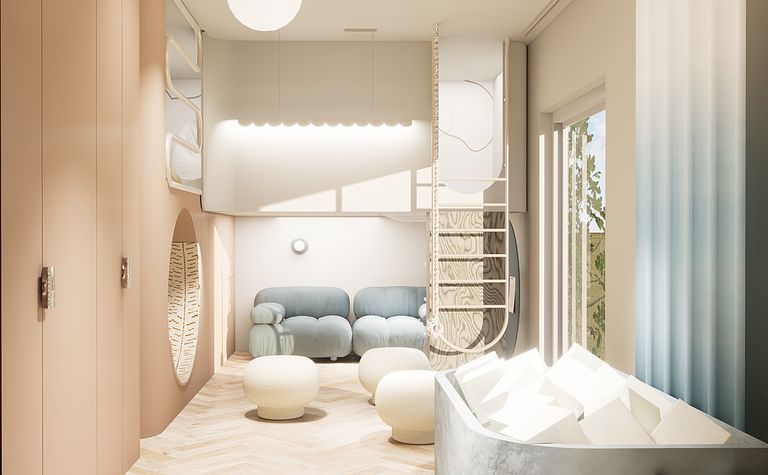Wnętrze w stylu dopamine decor z niebieską kanapą i nowoczesnymi detalami.