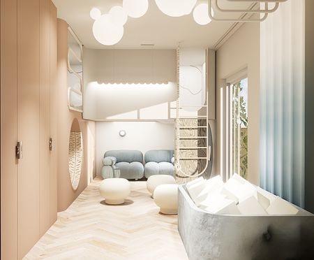 Wnętrze w stylu dopamine decor z niebieską kanapą i nowoczesnymi detalami.