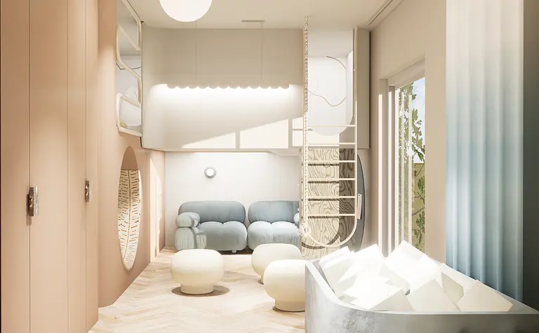 Wnętrze w stylu dopamine decor z niebieską kanapą i nowoczesnymi detalami.