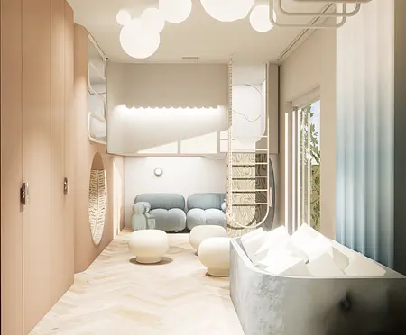 Wnętrze w stylu dopamine decor z niebieską kanapą i nowoczesnymi detalami.