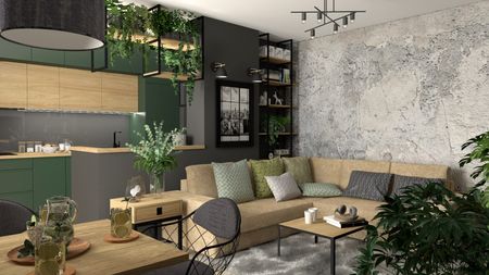 Wnętrze salonu z roślinami, minimalistycznym designem, industrialnymi elementami i nowoczesnymi detalami.