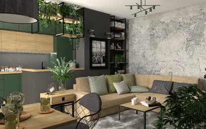 Wnętrze salonu z roślinami, minimalistycznym designem, industrialnymi elementami i nowoczesnymi detalami.