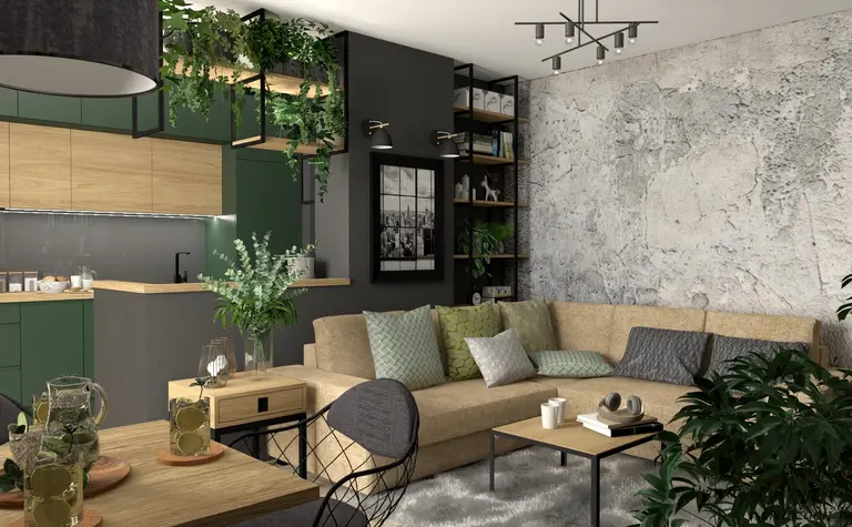 Wnętrze salonu z roślinami, minimalistycznym designem, industrialnymi elementami i nowoczesnymi detalami.