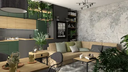 Wnętrze salonu z roślinami, minimalistycznym designem, industrialnymi elementami i nowoczesnymi detalami.