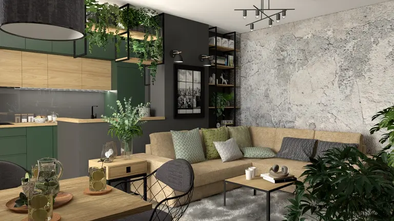 Wnętrze salonu z roślinami, minimalistycznym designem, industrialnymi elementami i nowoczesnymi detalami.