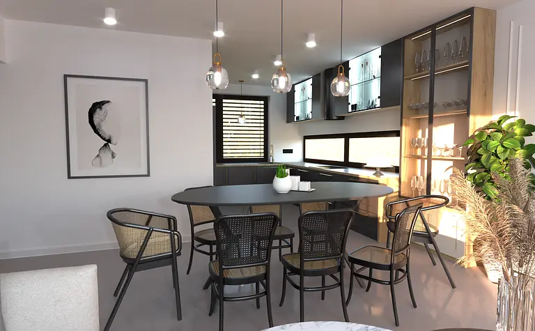 Wnętrze jadalni z okrągłym stołem, czarnymi krzesłami, dodatkami glamour i w stylu minimaluxe.