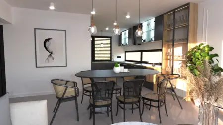 Wnętrze jadalni z okrągłym stołem, czarnymi krzesłami, dodatkami glamour i w stylu minimaluxe.