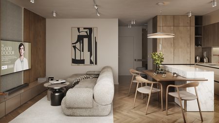 Salon w stylu skandynawskim i soft minimalizm z szarym dywanem i drewnianym stołem.