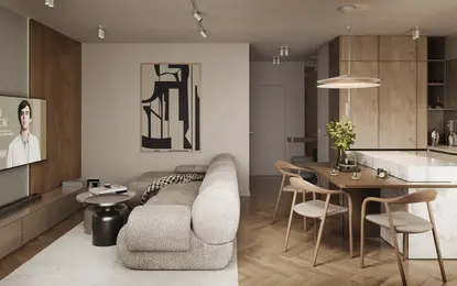 Salon w stylu skandynawskim i soft minimalizm z szarym dywanem i drewnianym stołem.