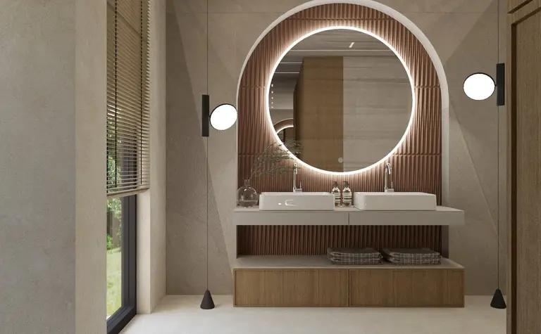 Nowoczesna łazienka boho-japandi z drewnianymi akcentami i minimalistycznym designem.