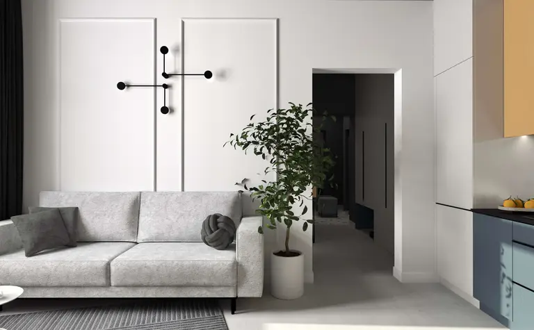 Wnętrze salonu z szarym narożnikiem, rośliną i nowoczesnym oświetleniem, dopamina decor.